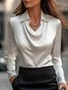 Women Satin Cowl Neck Blouse Long Sleeve Turn‑Down Collar Elegant Office Work Shirt Top S‑3XL