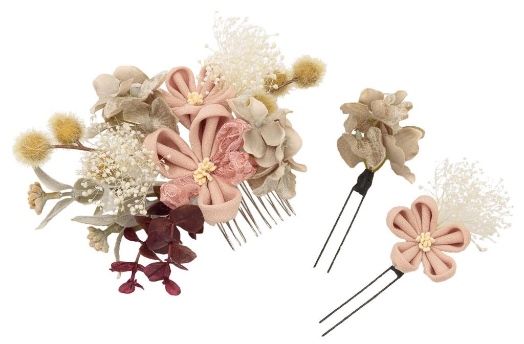 SOUBIEN Ceremony Hair Ornament Set for Furisode and Graduation and Dried Pink Coming-of-Age (3-Piece Set) Ceremonies, Hakama, Flowers, Baby's Breath,