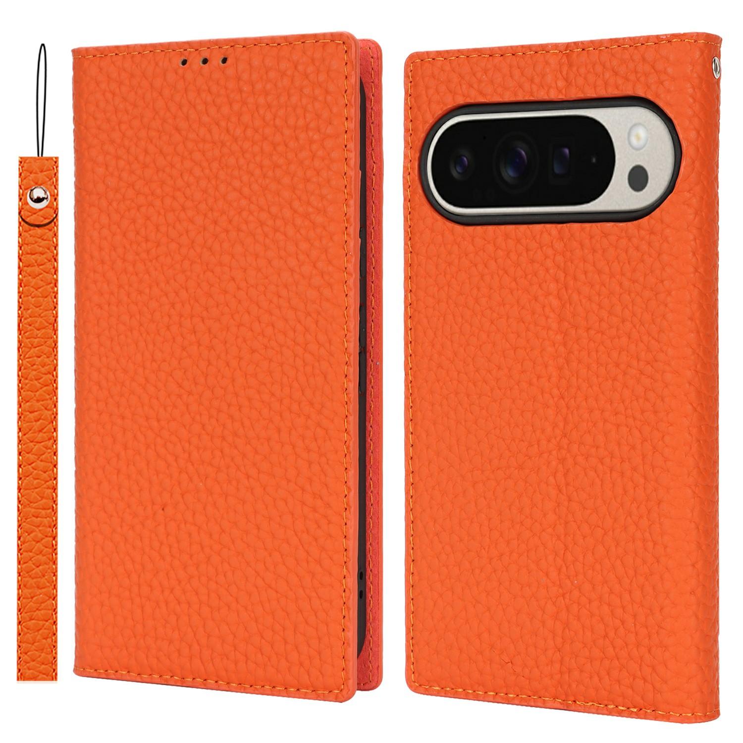 

For Google Pixel 10 Pro XL Wallet Case Genuine Cow Leather Phone Cover Litchi Texture Orange