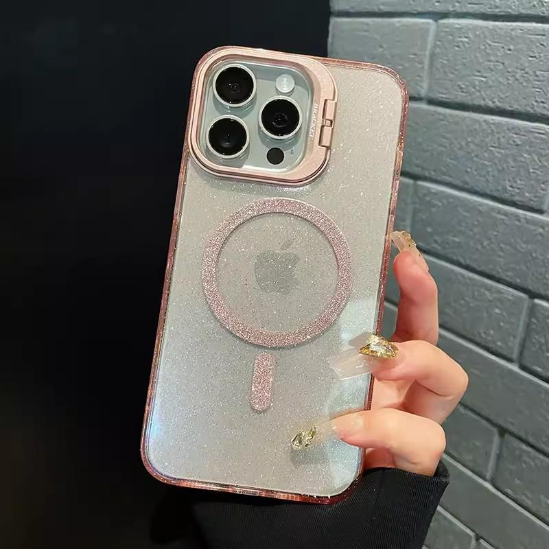 

Кронштейн для объектива Подходит для чехла для мобильного телефона IPhone Apple 16 Прозрачный с блестками Магнитный 15/14PRO Противоударный защитный чехол iPhone 16promax розовый