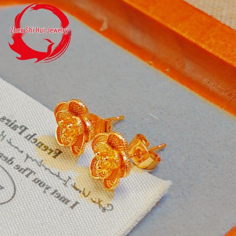 Vietnam Sand Gold Small Rose Flower Stud Earrings, Gold-Plated, Niche Design Jewelry