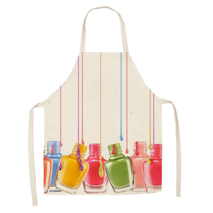 New Linen Colorful Nail Polish Cosmetics Theme Print Kitchen Aprons Unisex Dinner Party Cooking Bib Funny Cleaning Apron Barber