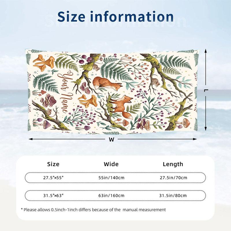 Forest Fox Fantasy Theme Quick Dry Beach Towel Custom Name Text Print Large Sand Resistant Towel Beach Vacation