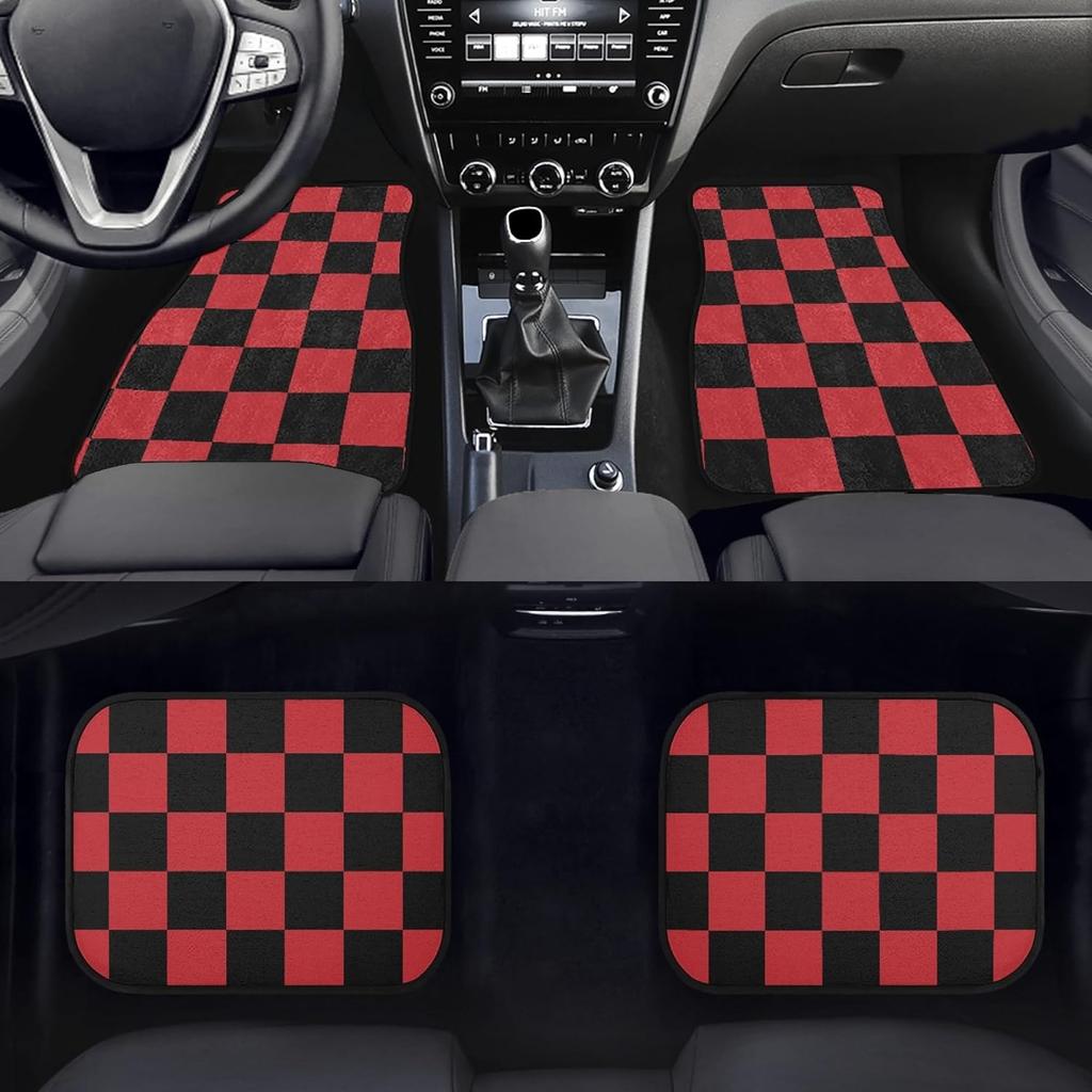 Set di 4 Tappetini per Auto a Scacchi, Tappeti Geometrici a Quadri Neri e Rossi per Veicolo Anteriori e Posteriori, Accessori Decorativi per Auto
