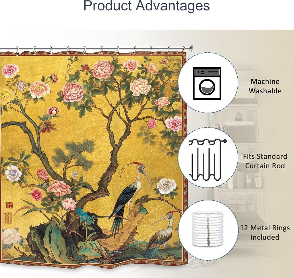 Vintage Flower Floral Bathroom Shower Curtain Retro Crane Chinese Botanical Art Polyester Fabric 12 Plastic Hooks Waterproof