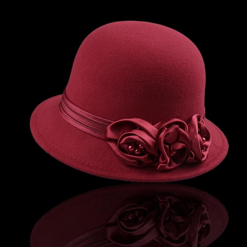 Vintage Silky Flower Hat Winter Warm Dome Hat Women Wool Cloche Hat Headwear