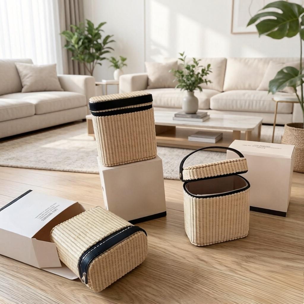 New Summer Raffia Woven Cosmetic Bag with Leather Trim Luxury Designer Style Straw Makeup Organizer Case for Women Travel Beach