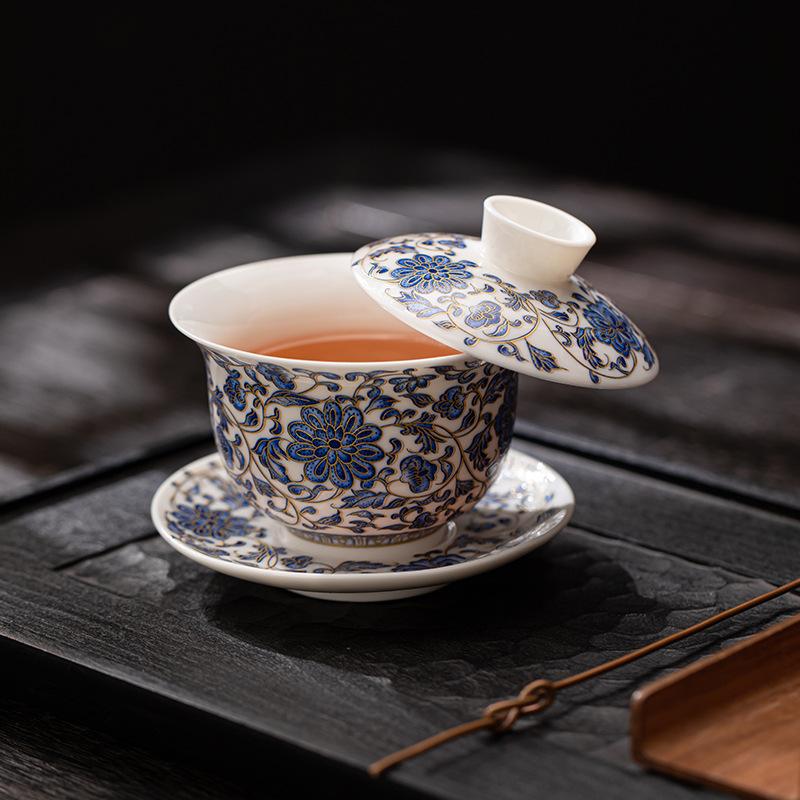 Light Luxury Suet Jade Blue and White Sancai Cover Bowl, Single High-end Hoverable Tea Bowl with Lid To Make Tea, Ceramic Kung Fu Tea Set