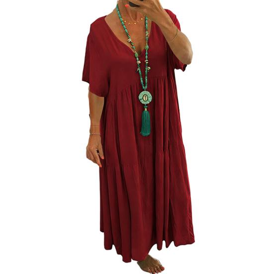 Summer Cotton Linen Dress for Women Oversized Loose Beach Sundress Short Sleeve V Neck Casual Flowy Long Dress