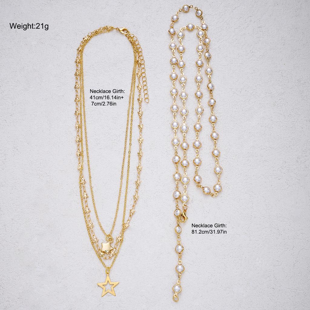 4pcs Fashion Simple Elegant Star Pendant Necklace Set Retro Pearl Y-Shaped Long Chain Necklace for Women Daily Wear Jewelry Gift
