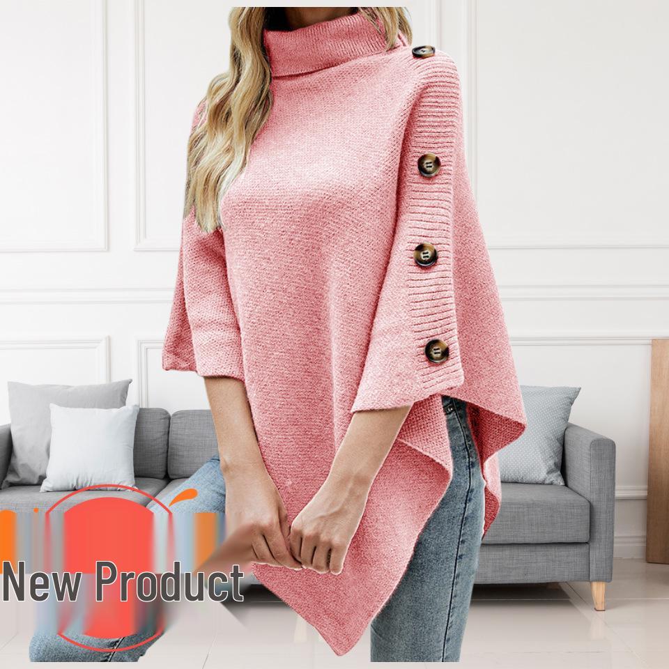 Evropský a americký pletený kardigan s vysokým límcem, jednobarevný šál, pončo s rozparky pro ženy