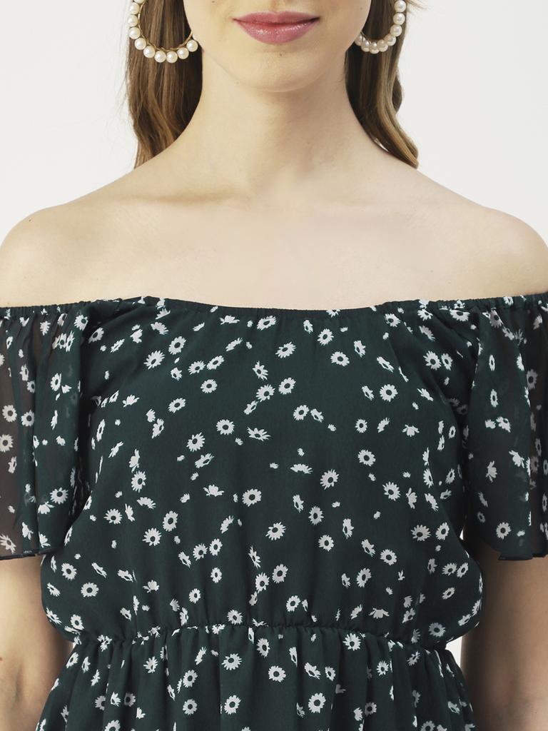 Moomaya Printed Off-Shoulder Poly Georgette Midi Dress Cinched Long Dress