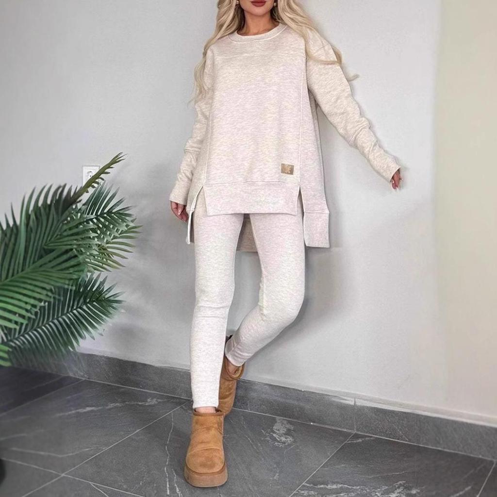 2024 Grenzüberschreitender Herbst/Winter Damen Einfarbig Langarm Rundhals Top Set