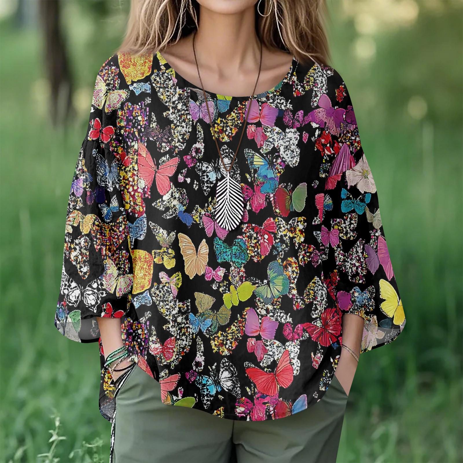 

Летние топы для женщин, симпатичные блузки с V-образным вырезом и рукавом 3/4, повседневные рубашки с цветочным принтом M чёрный