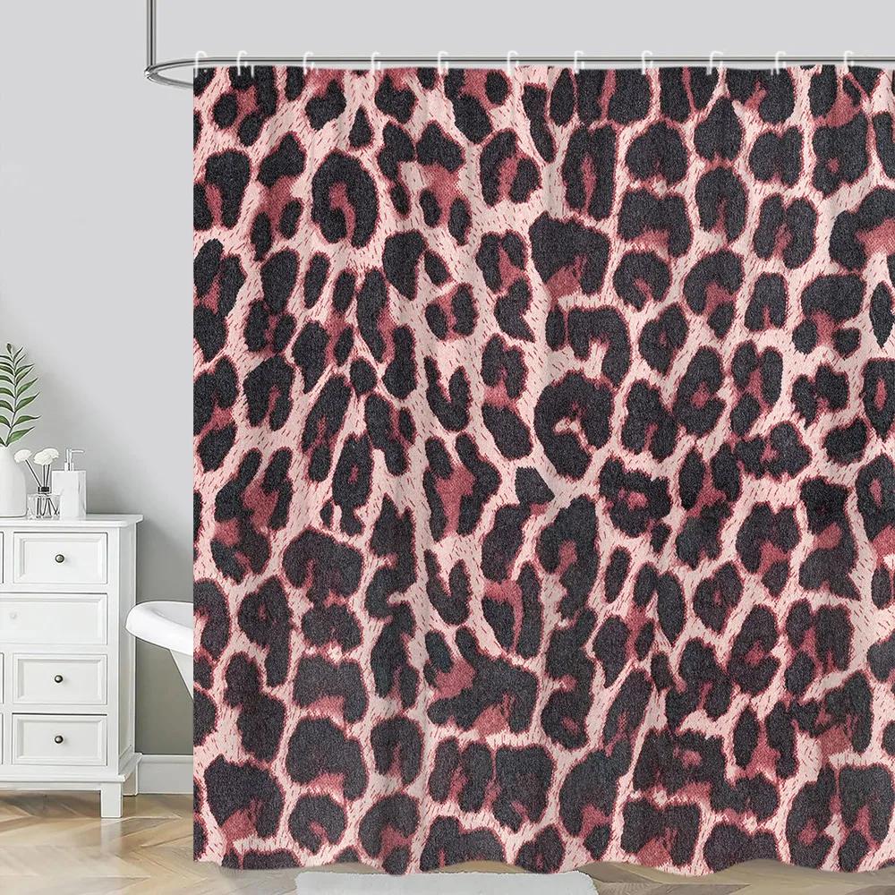 Leopard Textured Shower Curtain, Vintage Striped Brown Floral Creative Geometric Modern Plants Polyester Bathroom Decor Curtain