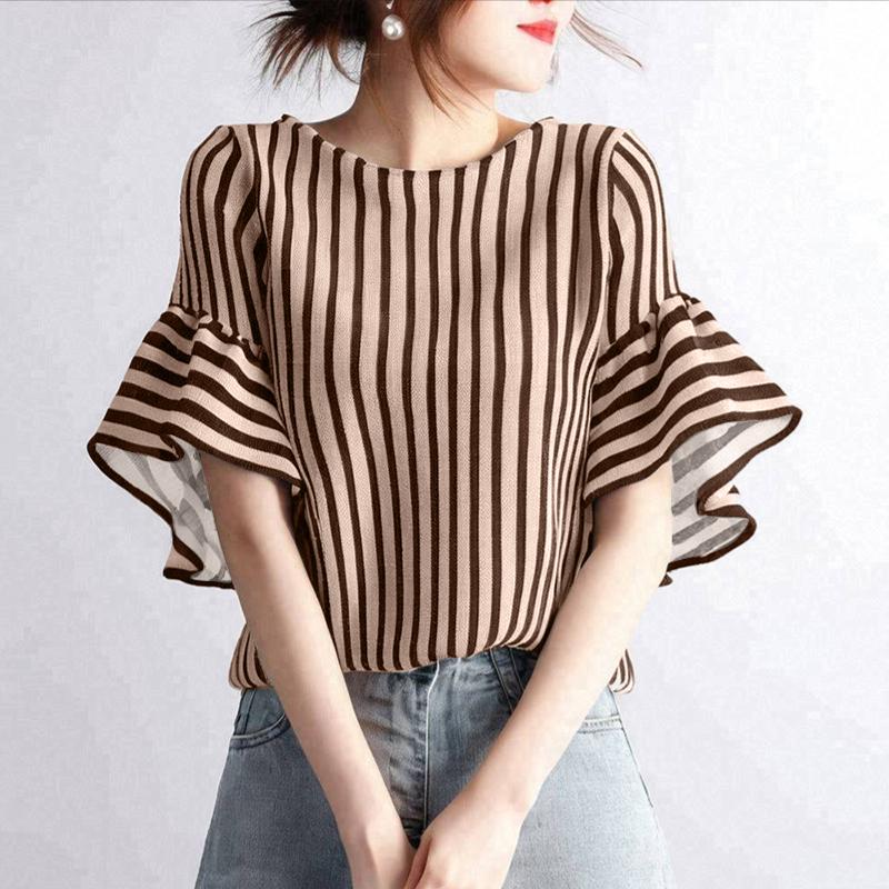 ZANZEA Kvinner Casual Rund Hals Løs Flare Erme Stripe Bluse