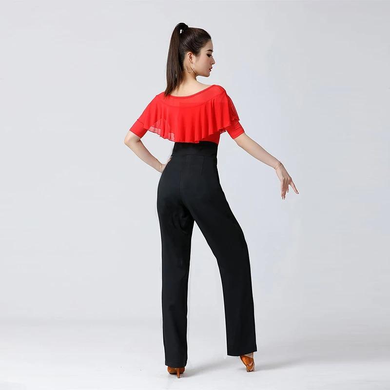 Hohe Taille Damen Latein Modern Dance Hose Professionelles Enges Bündchendesign Hose Dame Ballsaalhose Tasche