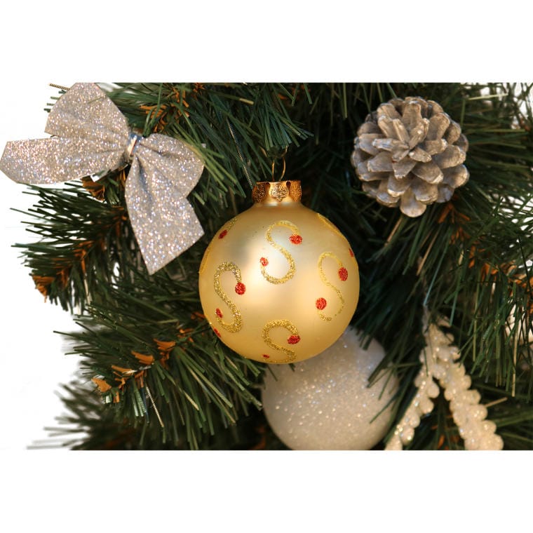 Set of 12 glass baubles in a gold color mix with decoration