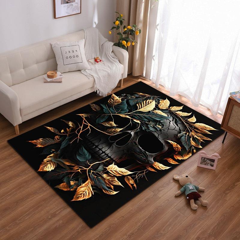"Dark Skull with Golden Leaves Design Carpet for Home Decor" Suitable for use as an anti-slip for living room bedroom sofas