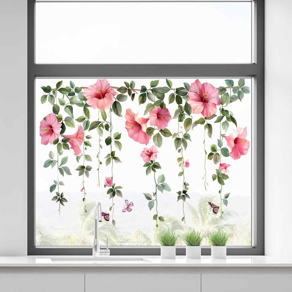 Fresh Pink Flower Branch Vine Window Glass Sticker Home Decor Wall Decal for Living Room Bedroom Self-Adhesive