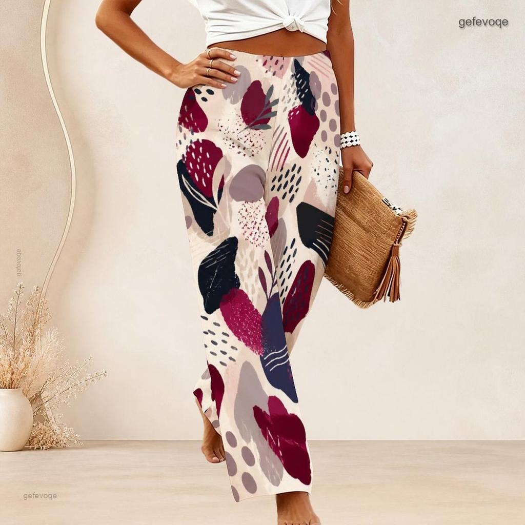 Women High Waist Wide Leg Pants Abstract Geometric Fan Scale Print Loose Casual Long Trousers For Daily Wear