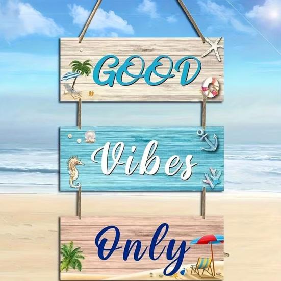 Strand-Thema Wandschild Nur Gute Vibes Holz-Hängeschild mit Hanfseil Küsten-Ozean-Stil Willkommensschild für Veranda Zaun Außen Innen Dekoration
