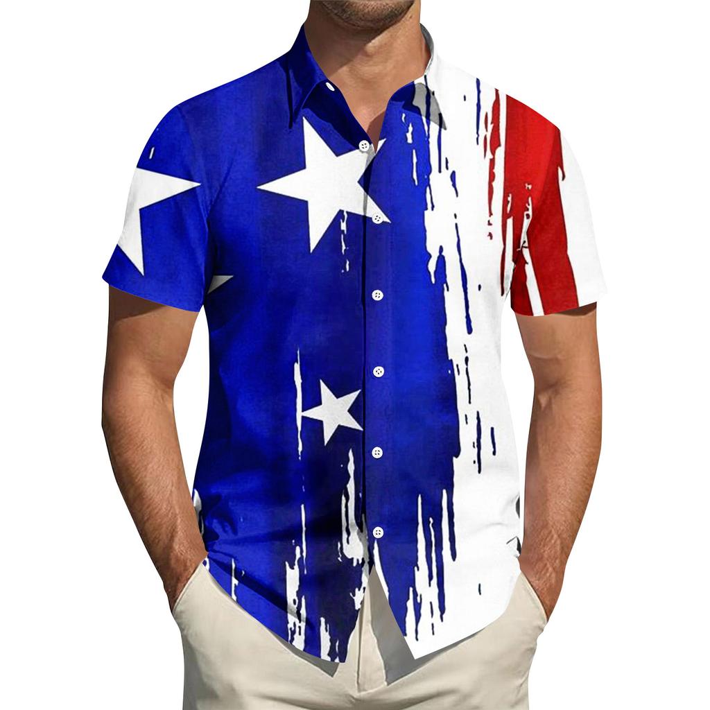 Men's Independence Day Printed Collared Top Men's Casual Sports Short-Sleeve Shirt