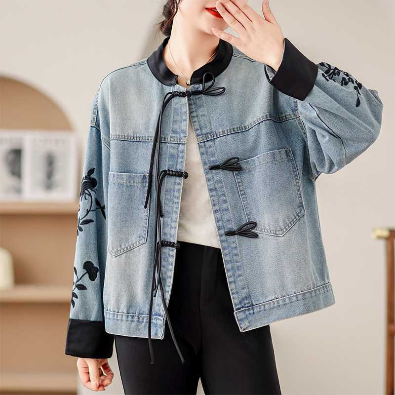 

Винтажная джинсовая куртка с принтом женская весенне-осенняя модная с длинным рукавом джинсовое короткое пальто женская свободная ковбойская верхняя одежда L синий