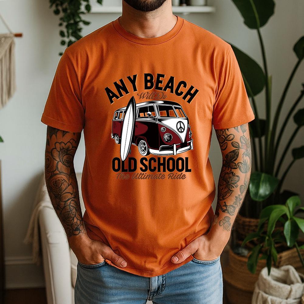 Vintage Old School Surf Bus Surfboard Print Unisexs T Shirt Loose Short Sleeve Crew Neck Beach Vacation Casual Tees