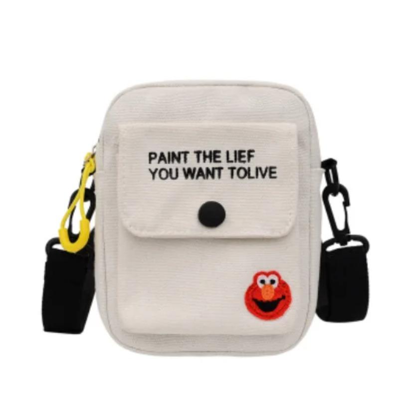 Canvas Women's Phone Bag Cartoon Printed Shoulder Messenger Bag Hit Color Flap Purse Casual Handbag Female Shopping Bag