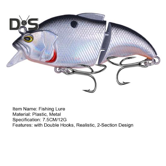 7,5 cm/12 g Leddelt VIB Fiskeagn med Kroker Realistisk 2-delt Svømmeagn Hardt Kunstig Agn Ferskvann Saltvann Fiskeutstyr