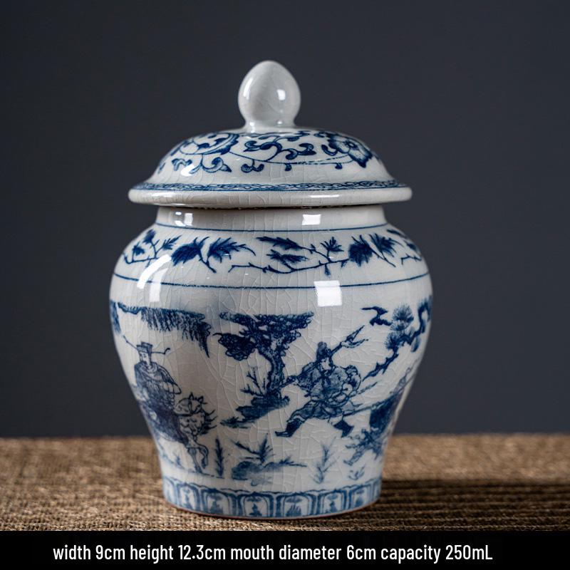 Blue & White Ceramic Tea Storage Jar - Retro Pottery Design, Moisture-Proof Seal