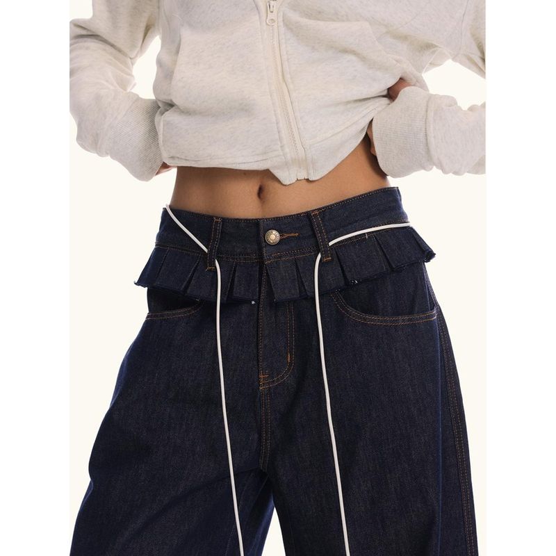 0123Start Waist-Stitched Flared Hem Jeans Unisex Loose American Retro Baggy Scimitar Pants Trendy