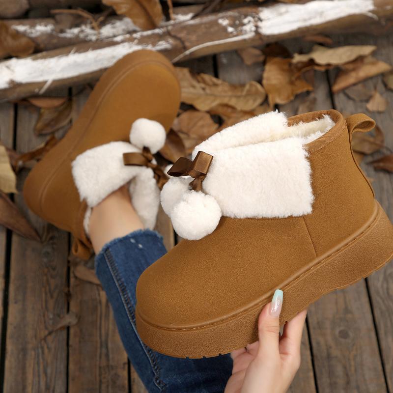 Soft Thick Bottom Furry Snow Boots Women 2025 Winter Chunky Platform Fluffy Fur Ankle Boots Cute Plush Ball Bowknot Cotton Shoes