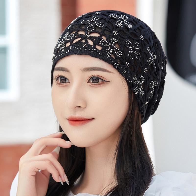 Women's Spring Summer Single Layer Thin Hollow Flower Rhinestone Headscarf Hat Breathable Lace Crochet Cap for Covering White Hair Slouchy Hat