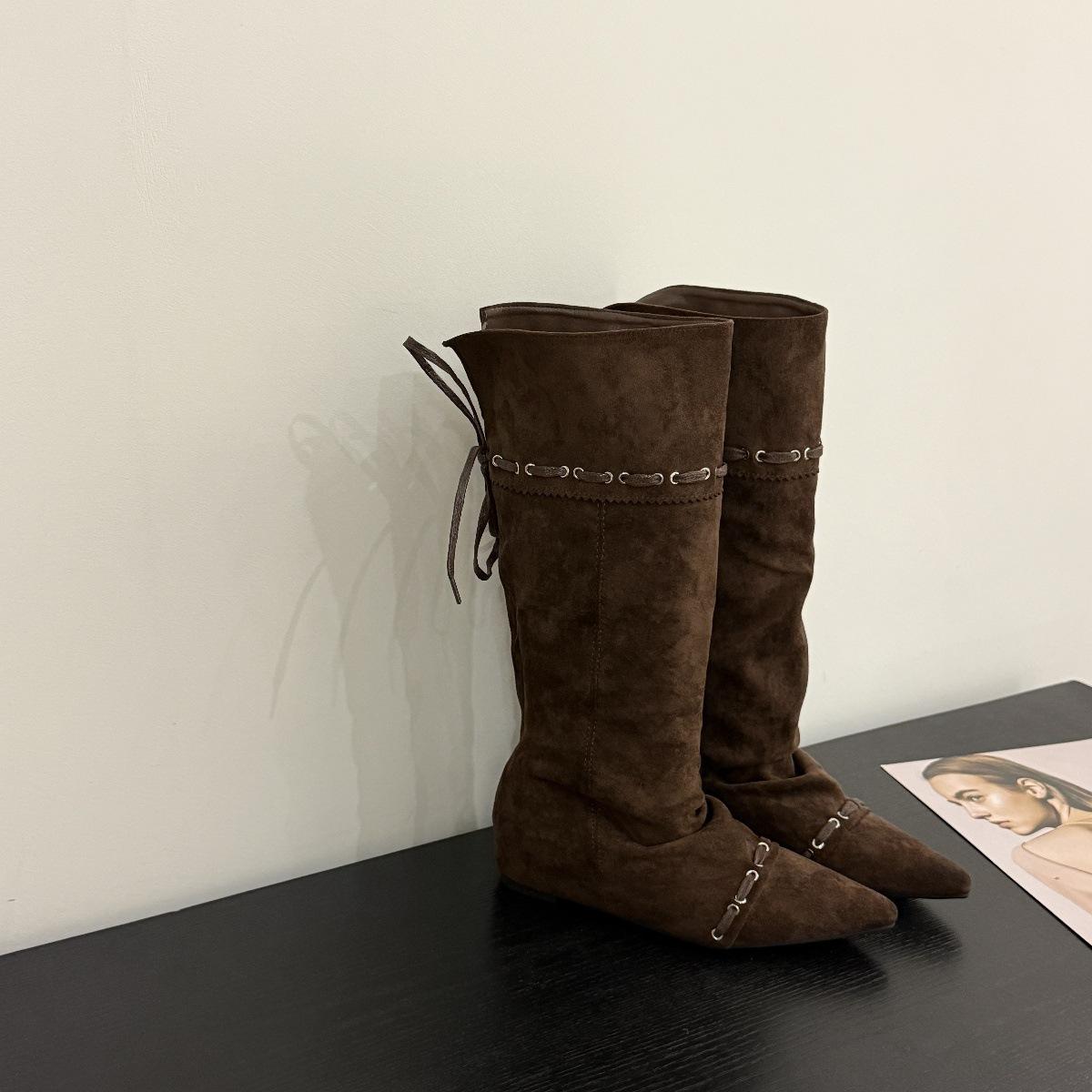 

Inner height increase new niche lace-up fashion boots Korean version suede tall tube two wear Spice Girl western cowboy boots 40 коричневий