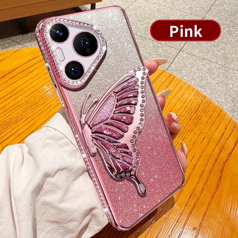 Diamond Glitter Liquid Quicksand Butterfly Phone Holder Case For Huawei Pura 70 P60 P50 Pro Silicone Cover
