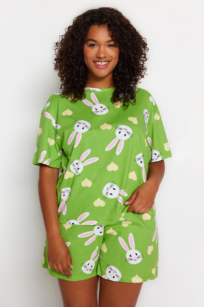 Women's Fashion New Plus Big Size Pajama Set Green Crew Neck Striped Knitted Pajama Set