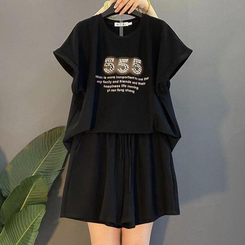 

100.00kg Plus Size Ladies Fashion Youthful-Looking Two-Piece Set Shorts Black 5 Size XL [recommended 90.00 kg-100.00 kg]]