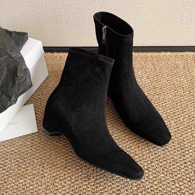 Soft leather version~ retro minimalist thin boots femininity square head inner height increase short boots side zipper thin elastic boots