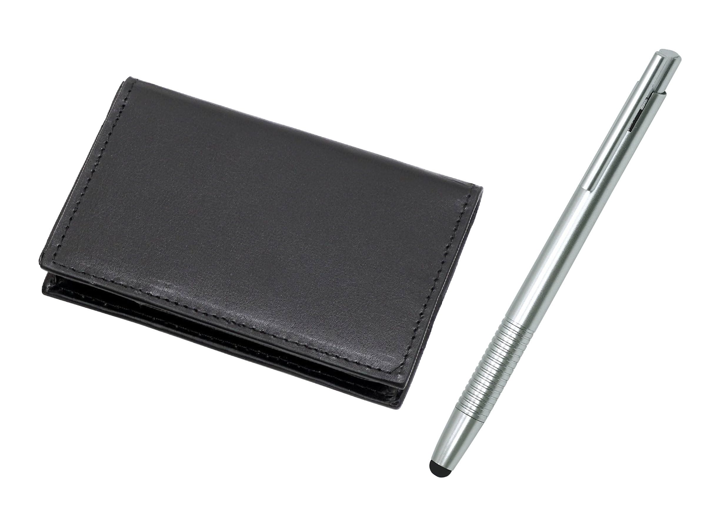 

Recycled cowhide business card holder with smartphone touch and ballpoint pen set 4-pocket knock-type (T23-LS030B-TP08)