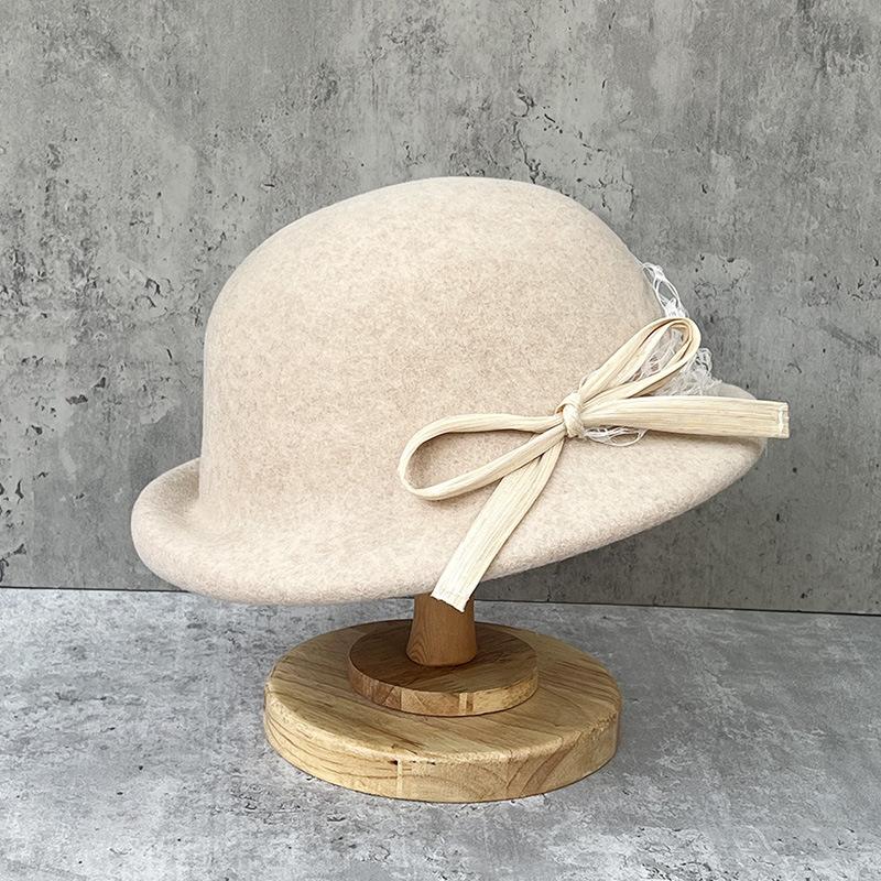 Elegante Netz-Schleifen-Zylinderhut Damen Französischer Retro-Hut mit kurzem Schirm Britischer Woll-Barett