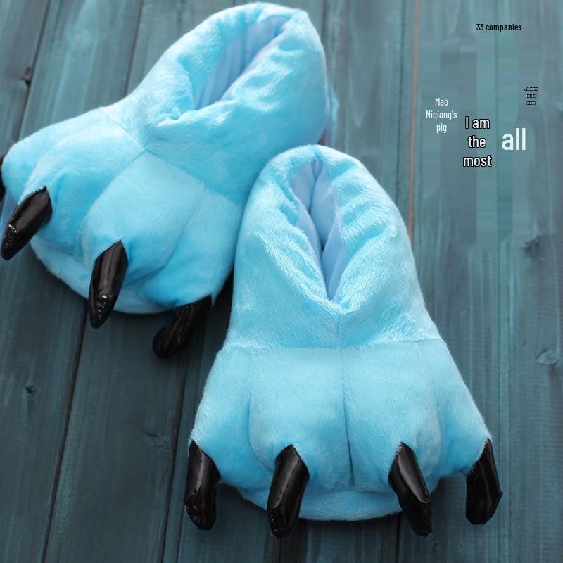 Superweiche Fleece-Tierpfoten-Hausschuhe für Damen & Herren - Gemütliche Baumwoll-Winterschuhe, Fersenbedeckt, Blau/Grün.