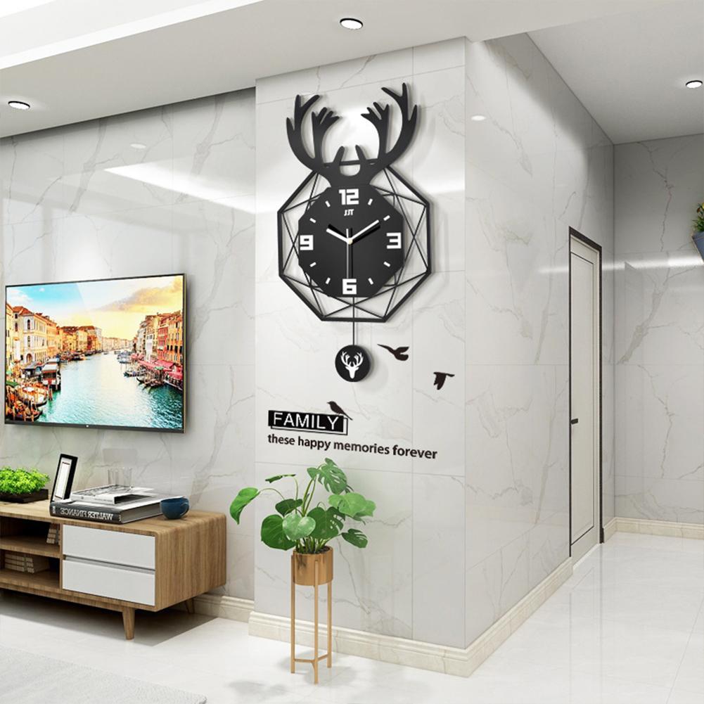 Nordic Style Deer Head Wall Clock Silent Movement Wood Wrought Iron Double layer Design For Household Living Room Decoration