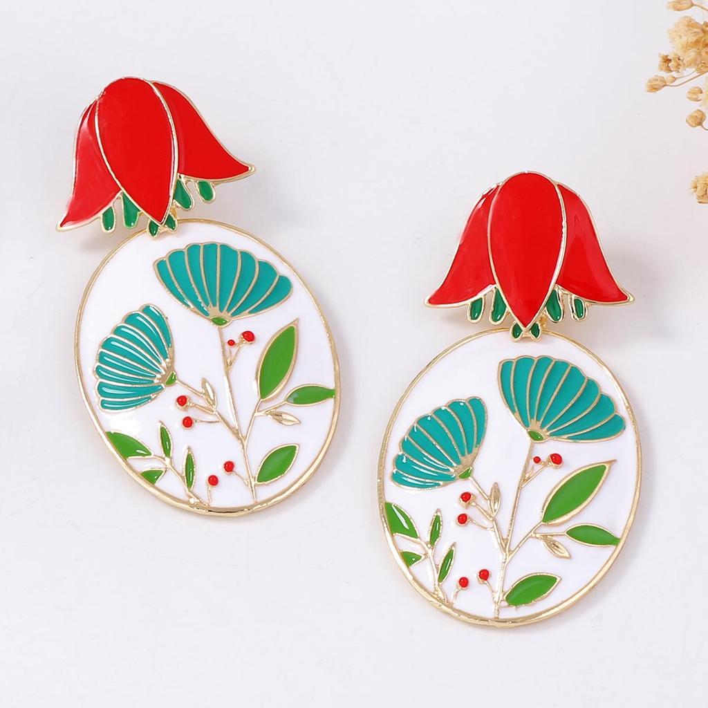 Literary, simple and creative niche design sense Alloy dripping oil three-dimensional flower earrings Versatile commuter earrings