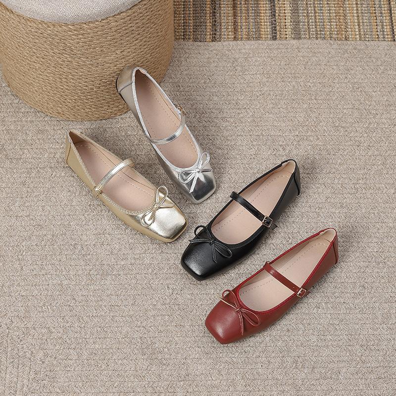 Fashion Large Size Women's Ballet Shoes Autumn Square Toe Soft Sole Bow Knot Mary Jane Shoes Elegant Luxury Fashion Buckle Strap Flats