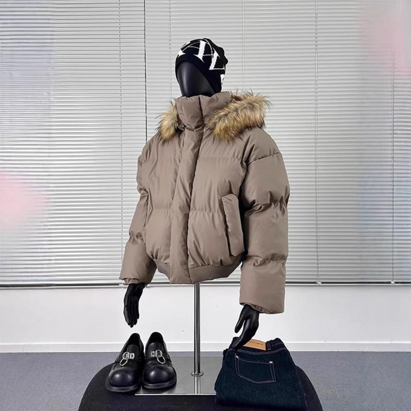 Mens Winter Hooded Puffer Jacket With Detachable Faux Fur Collar Short PU Leather Coat Couples Casual Wear