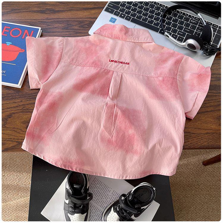 Boys Summer Retro Tie Dye Pink Short Sleeve Shirt Lightweight Breathable
