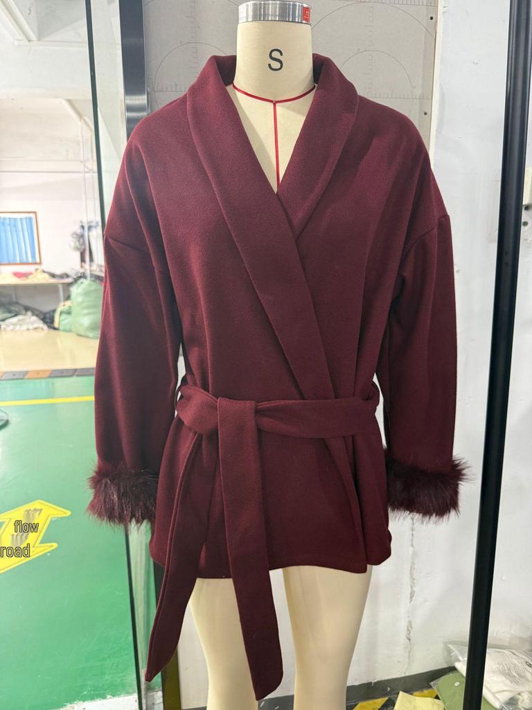 2025 A/W Women's French Tweed Short Coat with Fur Cuffs, V-neck, and Tie-waist - Solid Color.