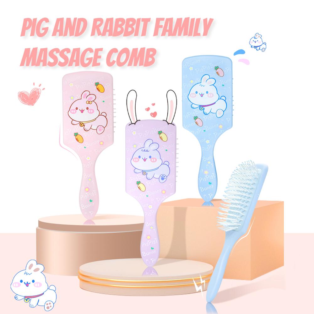 Cute Pig & Rabbit Family Air Cushion Comb - Soft Massage Bristles, Lovely Cartoon Design for Girls & Daily Hair Care